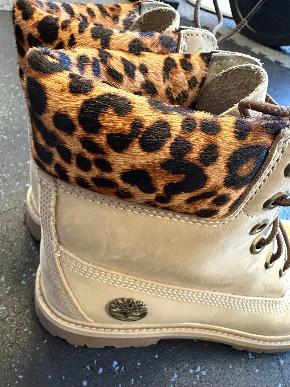 Timberland Tan Lace-Up Boots with Leopard-Print Collar